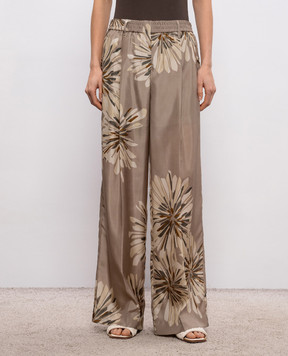 Brunello Cucinelli Брюки цвета хаки из шелка в цветочный принт MQ967P9229