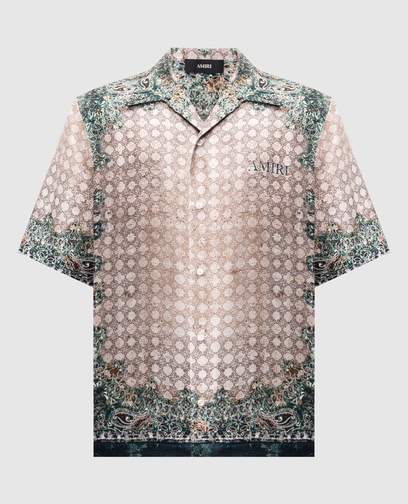 

Бежевая рубашка из шелка в брендовый принт, Бежевый, Рубашки