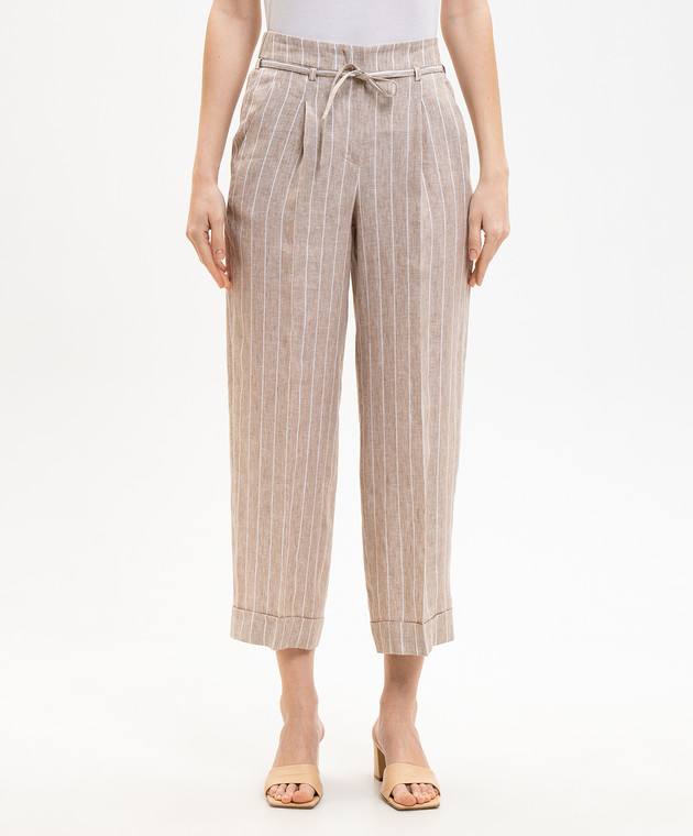 Peserico Бежевые брюки из льна в полоску P04303A02639 изображение 3