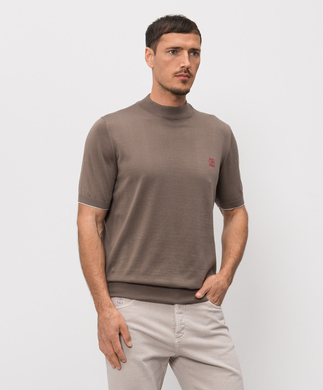 Brunello Cucinelli Коричнева футболка з вишивкою емблеми M29800104 зображення 3