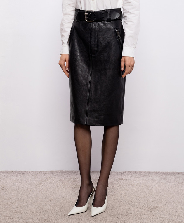 Saint Laurent Черная кожаная юбка-карандаш с поясом 865021YCVE2 изображение 3