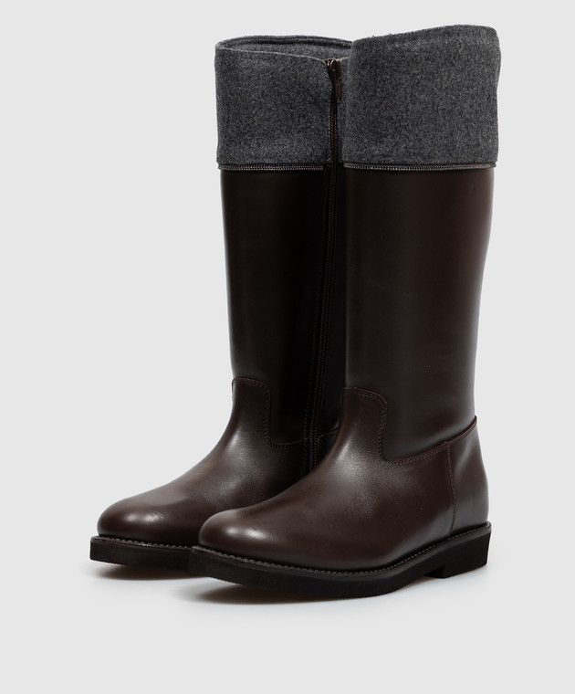 Brunello Cucinelli Детские коричневые кожаные сапоги с цепочкой мониль BZOLC1G435 изображение 2