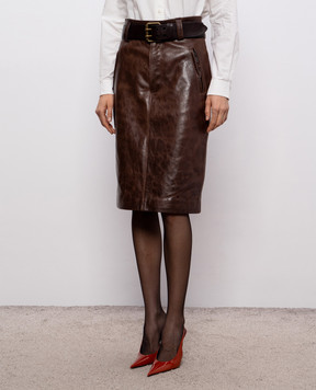 Saint Laurent Коричнева шкіряна спідниця-олівець з поясом 865021YCVD2