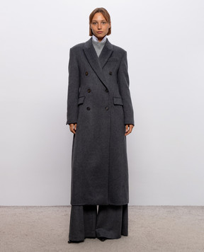 Brunello Cucinelli Серое двубортное пальто из кашемира с цепочкой мониль MD5039673
