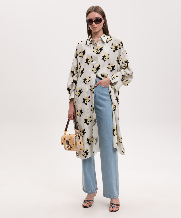 Fendi Платье-рубашка цвета айвори из шелка в цветочный принт FDD591AW9H изображение 3