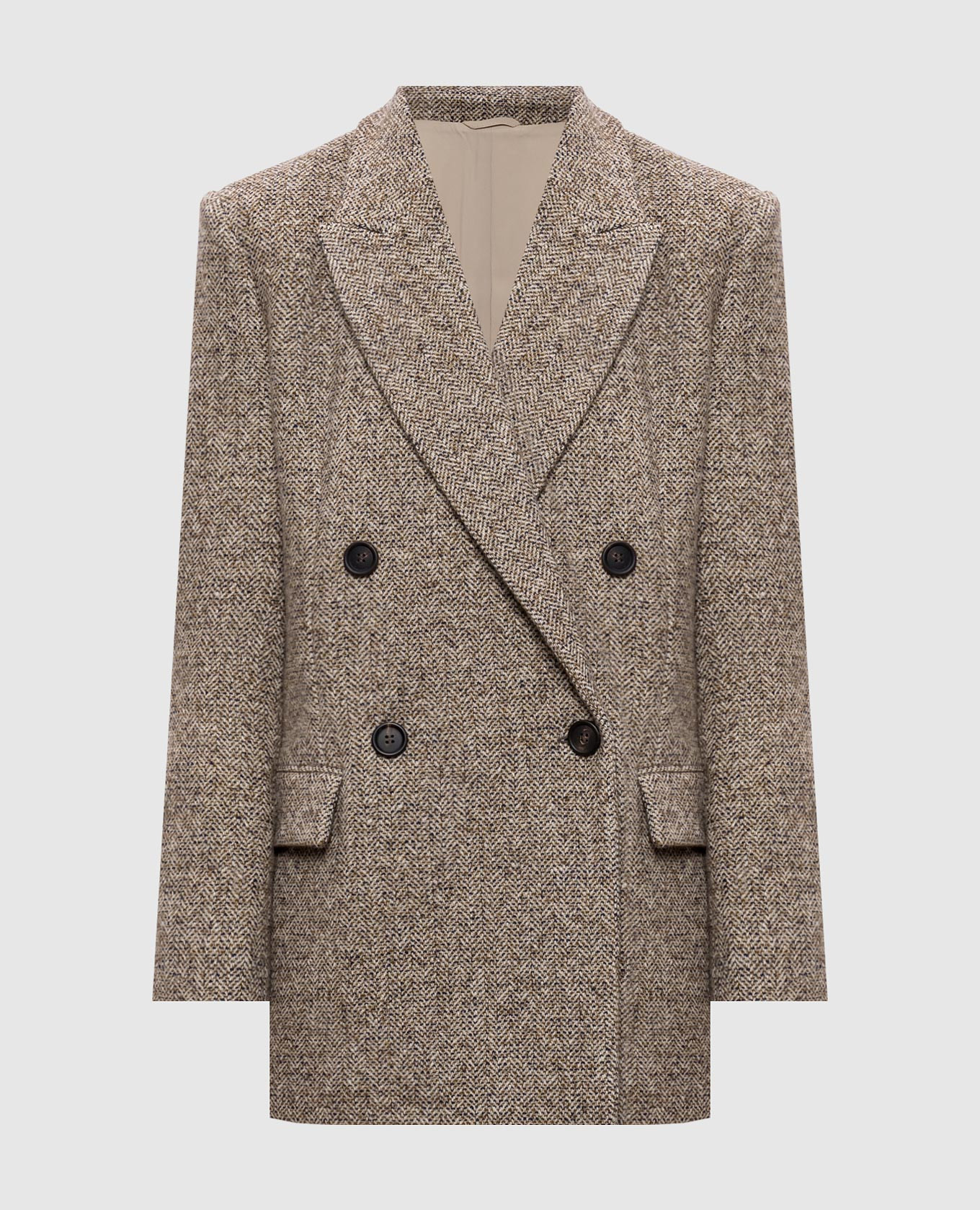 

Коричневый двубортный жакет с шерстью и шелком с цепочкой мониль, Жакеты