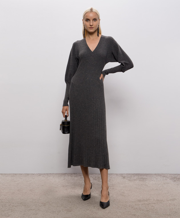 Brunello Cucinelli Серое платье с кашемиром в рубчик M9A895A92 изображение 2
