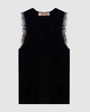 Twinset Черный топ в рубчик с кружевом 262TP3391