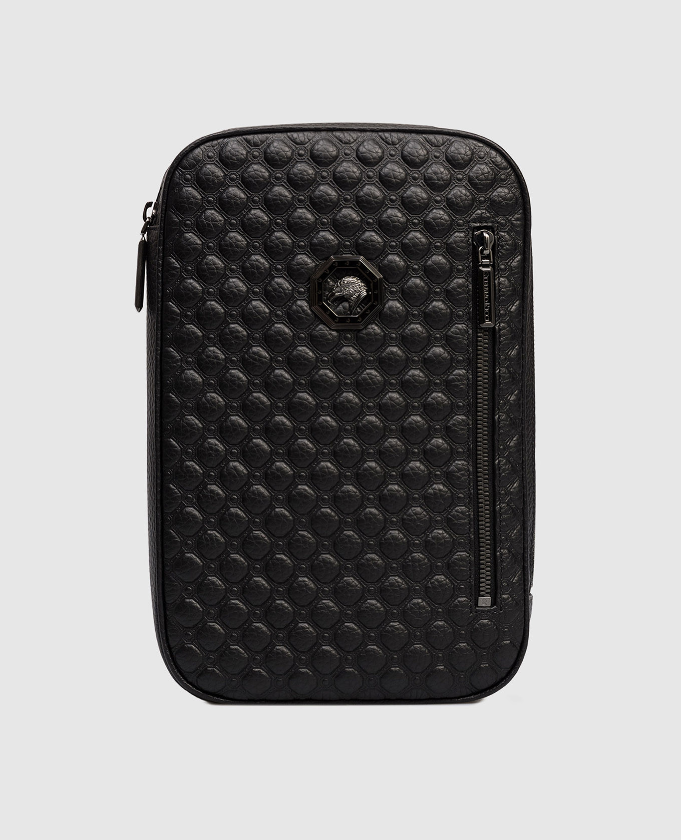 

Черная кожаная сумка-слинг с брендовым тиснением и эмблемой, Черный, Сумки через плечо