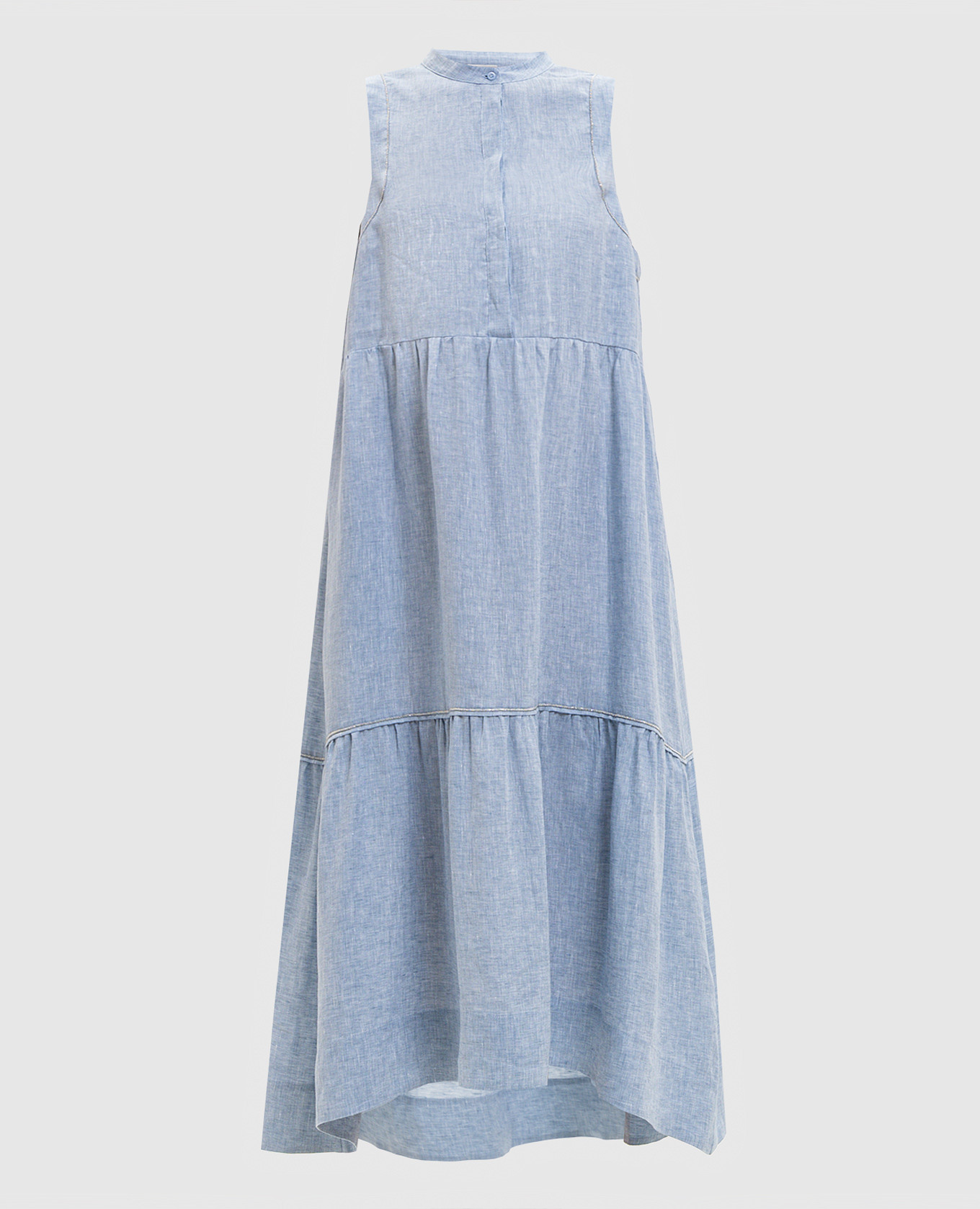 Голубое платье из льна с оборкой