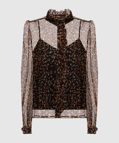 Коричневые блузки из шелка в леопардовый принт