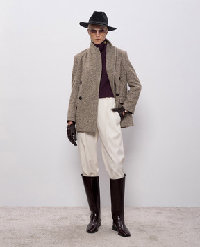 Brunello Cucinelli Коричневый двубортный жакет с шерстью и шелком с цепочкой мониль MG5307521