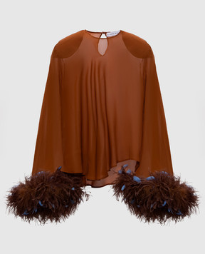 Rowen Rose Коричневая блуза с перьями страуса TOPRR499