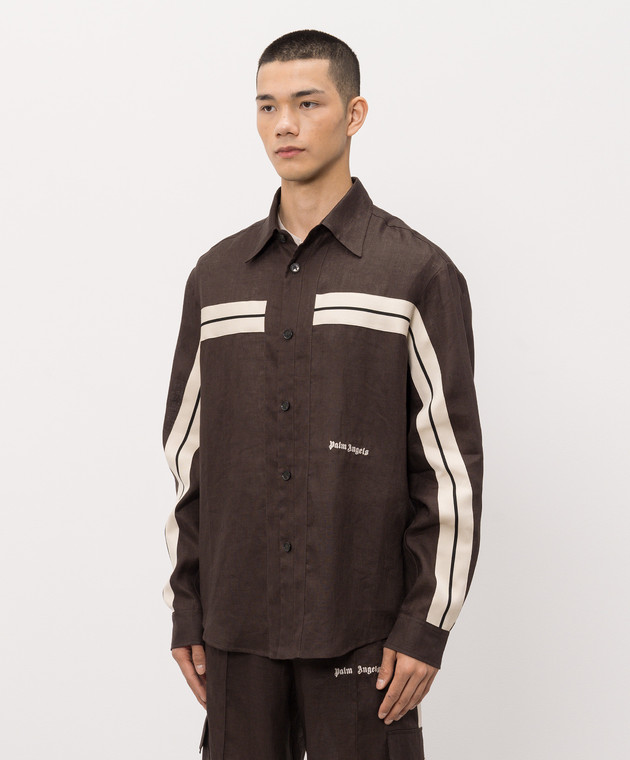 Palm Angels Коричнева сорочка з льону з вишивкою логотипа PMGE04JS26FAB001 зображення 3