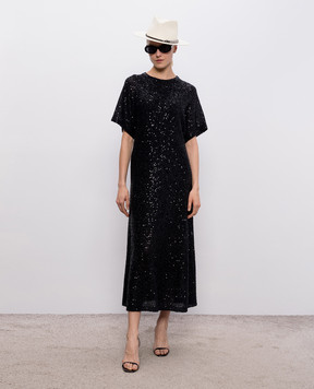 Brunello Cucinelli Чорна сукня міді з льону, кашеміру та шовку в паєтки MDJ560A90
