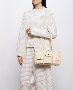 Christian Villa Бежевая кожаная сумка-тоут с принтом логотипа 06497