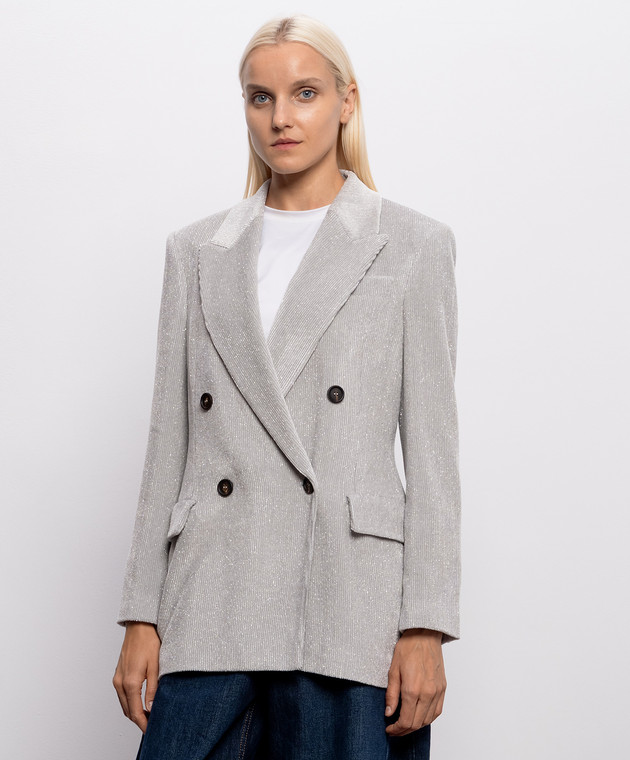 Brunello Cucinelli Серый двубортный вельветовый жакет с люрексом MG5687369 изображение 2