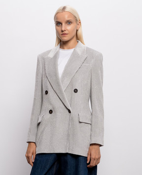Brunello Cucinelli Серый двубортный вельветовый жакет с люрексом MG5687369