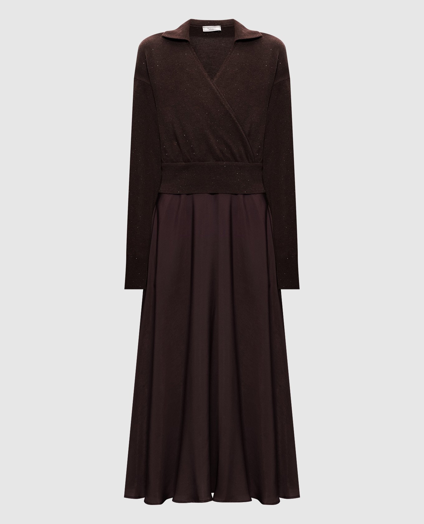 Коричневое платье миди с шерстью и шелком двойной конструкции