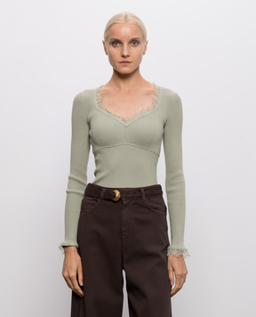 Twinset Зеленый джемпер в рубчике с кружевом 262TP3390