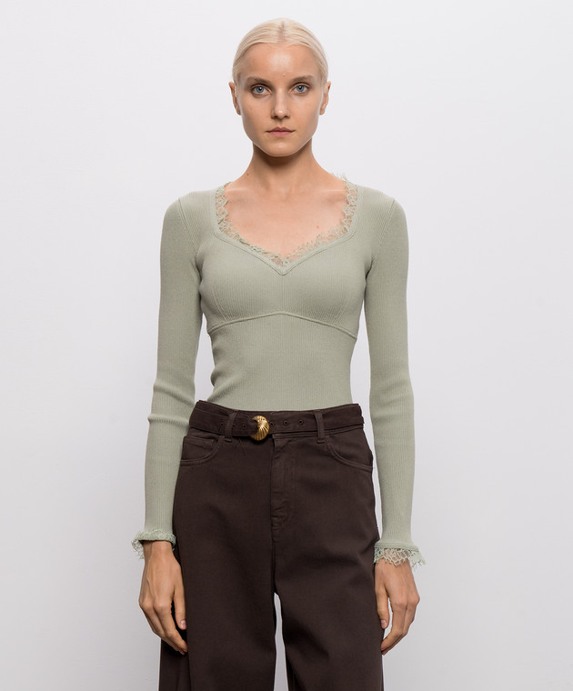 Twinset Зеленый джемпер в рубчике с кружевом 262TP3390 изображение 3