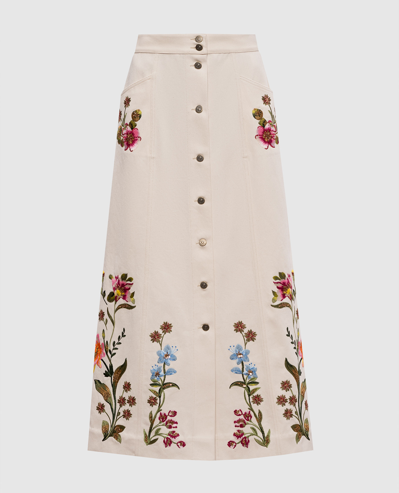 

Бежевая джинсовая юбка макси с вышивкой, Бежевый, Юбки-а-силуэта