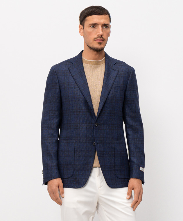 Canali Синій піджак із шовку та вовни в клітинку CF0030323275 зображення 3