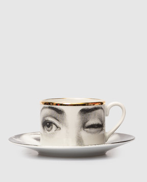 Fornasetti Белый фарфоровый набор для чая Tema e Variazioni L'antipatico из чашки и блюдца P39Z304