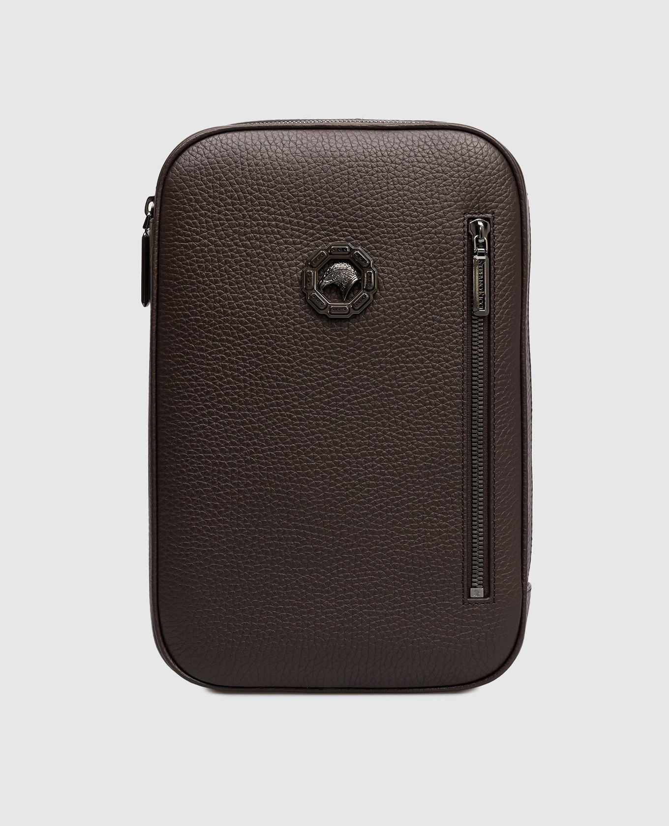 

Коричневая кожаная сумка-слинг с эмблемой с рутениевым покрытием, Коричневый, Сумки через плечо