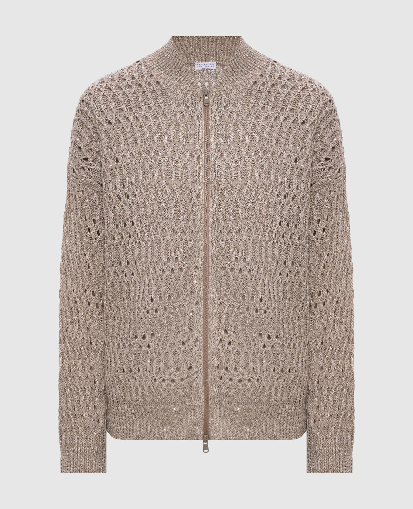 Бежевый кардиган из льна с пайетками