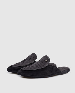 Stefano Ricci Черные замшевые тапочки с кожей крокодила UL01P752CNSD