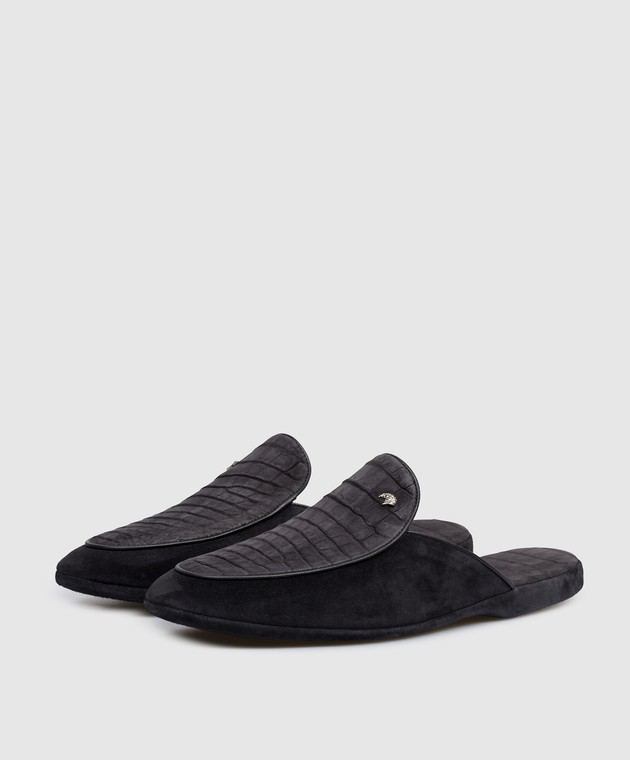 Stefano Ricci Черные замшевые тапочки с кожей крокодила UL01P752CNSD изображение 2