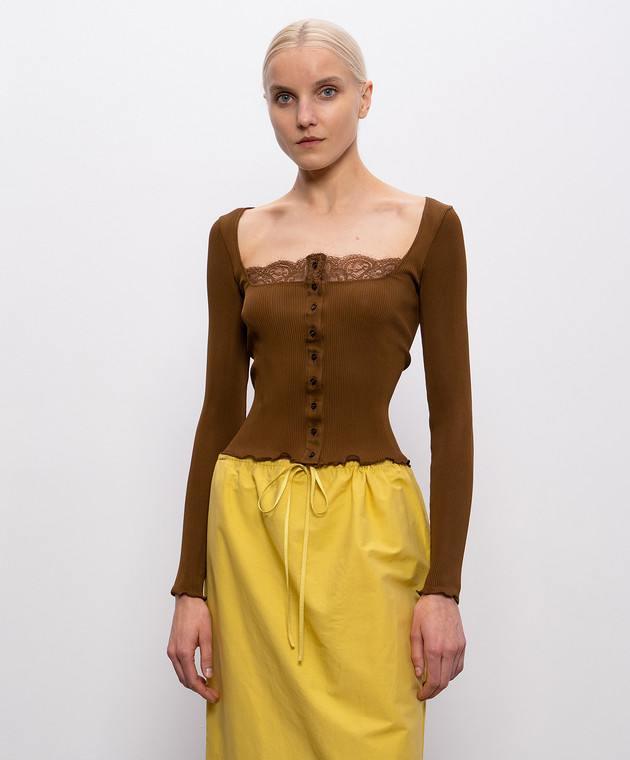 Saint Laurent Коричневий топ із шовку з мереживом 867253Y37SM зображення 3