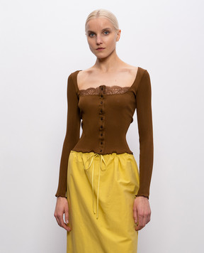 Saint Laurent Коричневый топ из шелка с кружевом 867253Y37SM