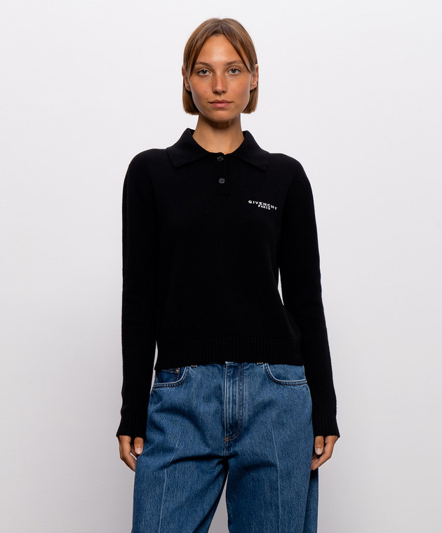 Givenchy Черный свитер из шерсти и кашемира с воротником-поло BW61J04ZTA изображение 3