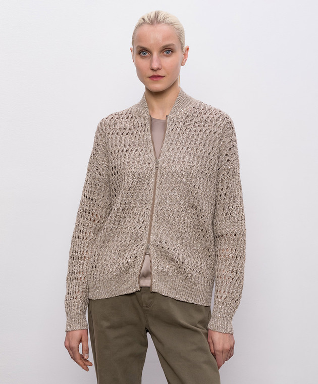 Brunello Cucinelli Бежевий кардиган з льону з паєтками MCO564706 зображення 3