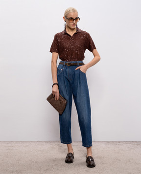 Brunello Cucinelli Коричневый топ из льна, кашемира и шелка в пайетке MDJ547605