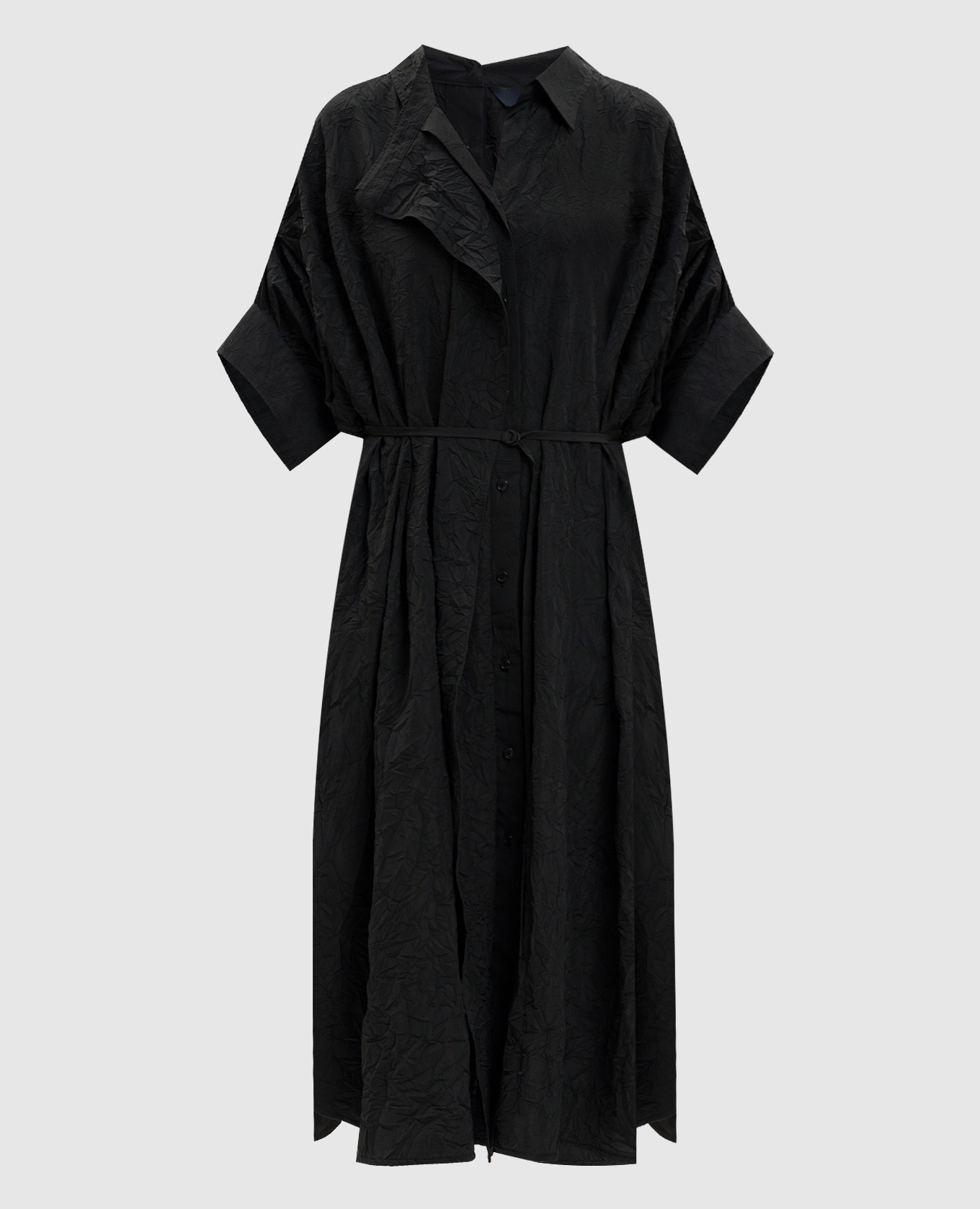 

Черное платье-рубашка миди с эффектом жатки, Черный, Повседневные платья