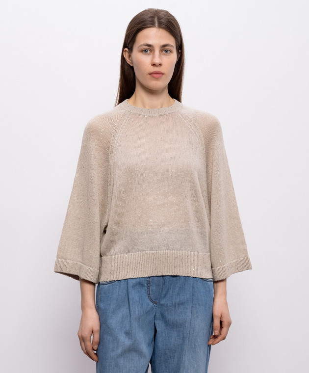 Brunello Cucinelli Бежевий джемпер з льону та шовку з паєтками M10550220 зображення 3