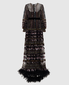 Valentino Черное платье макси с аппликацией и перьями страуса 8B3VDML01ED