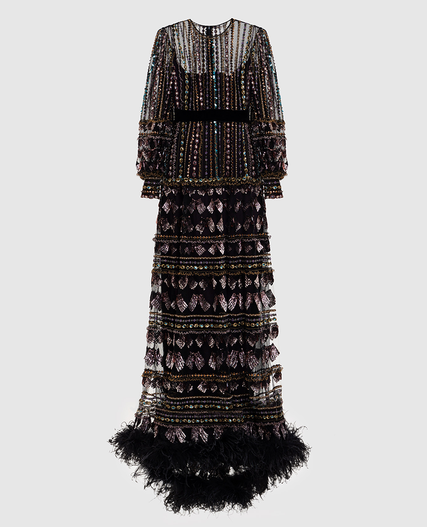 

Черное платье макси с аппликацией и перьями страуса, Черный, Платья в пол