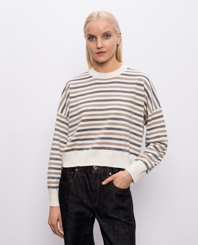 Brunello Cucinelli Свитер цвета айвори из шерсти, кашемира и шелка в полоску M16221900P