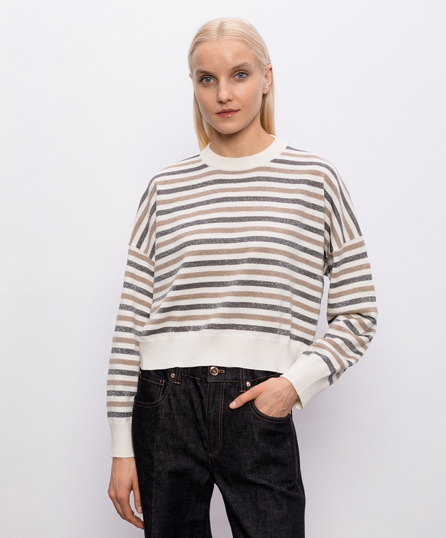 Brunello Cucinelli Свитер цвета айвори из шерсти, кашемира и шелка в полоску M16221900P изображение 3