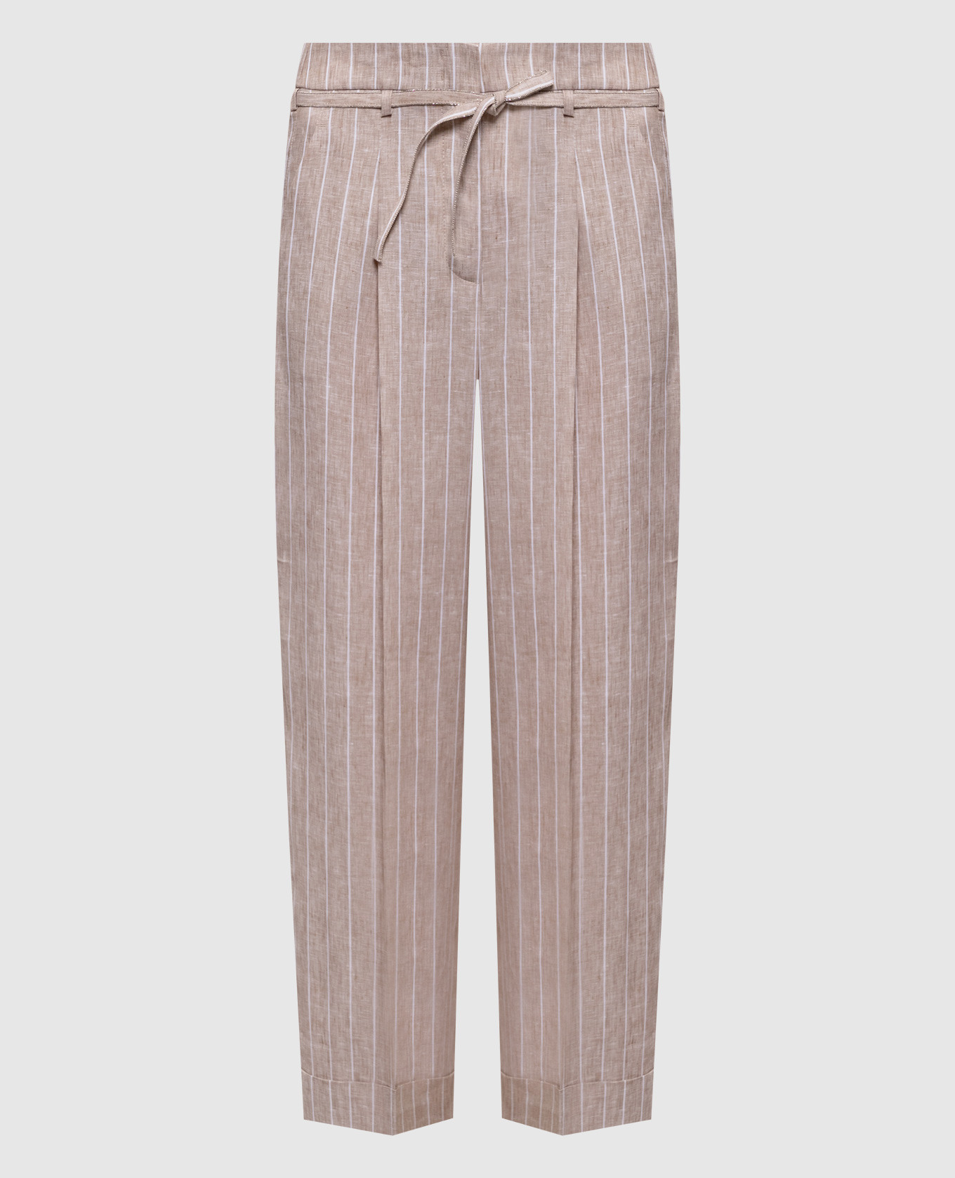 

Бежевые брюки из льна в полоску, Бежевый, Укороченные брюки