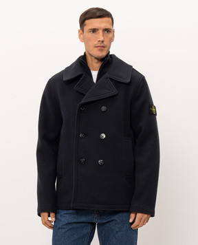 Stone Island Темно-синє двобортне пальто з вовни та кашеміру L2S154100040S0453