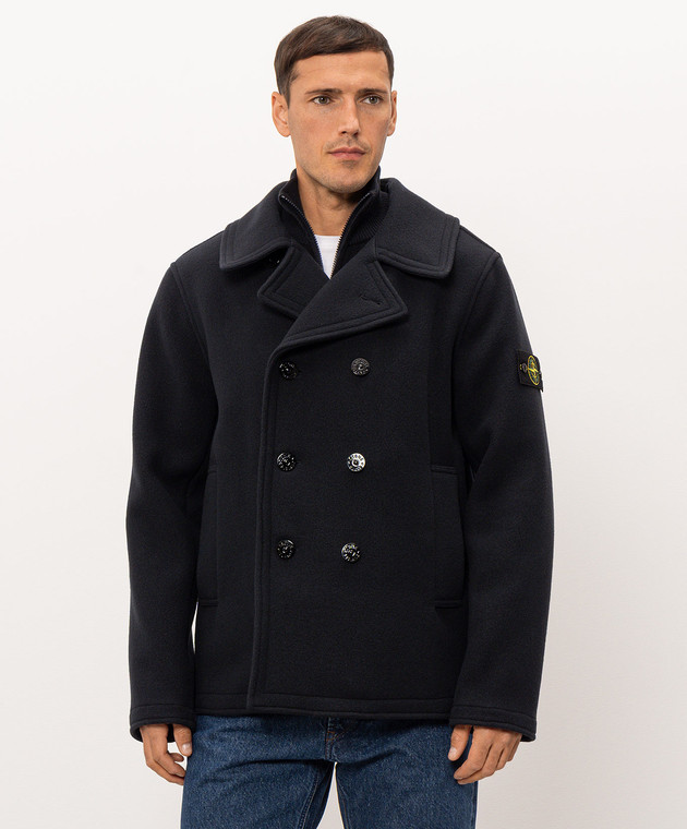 Stone Island Темно-синє двобортне пальто з вовни та кашеміру L2S154100040S0453 зображення 3
