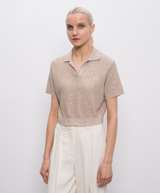 Brunello Cucinelli Бежевый топ из льна, кашемира и шелка в пайетке MDJ547605 изображение 3