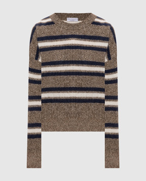 Brunello Cucinelli Коричневый джемпер с кашемиром и шерстью в полоску MTX767910