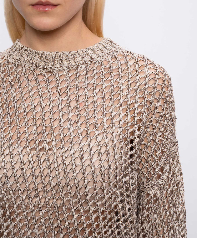 Brunello Cucinelli Бежевый ажурный джемпер с шелком и льном с пайетками MEA345600P изображение 5