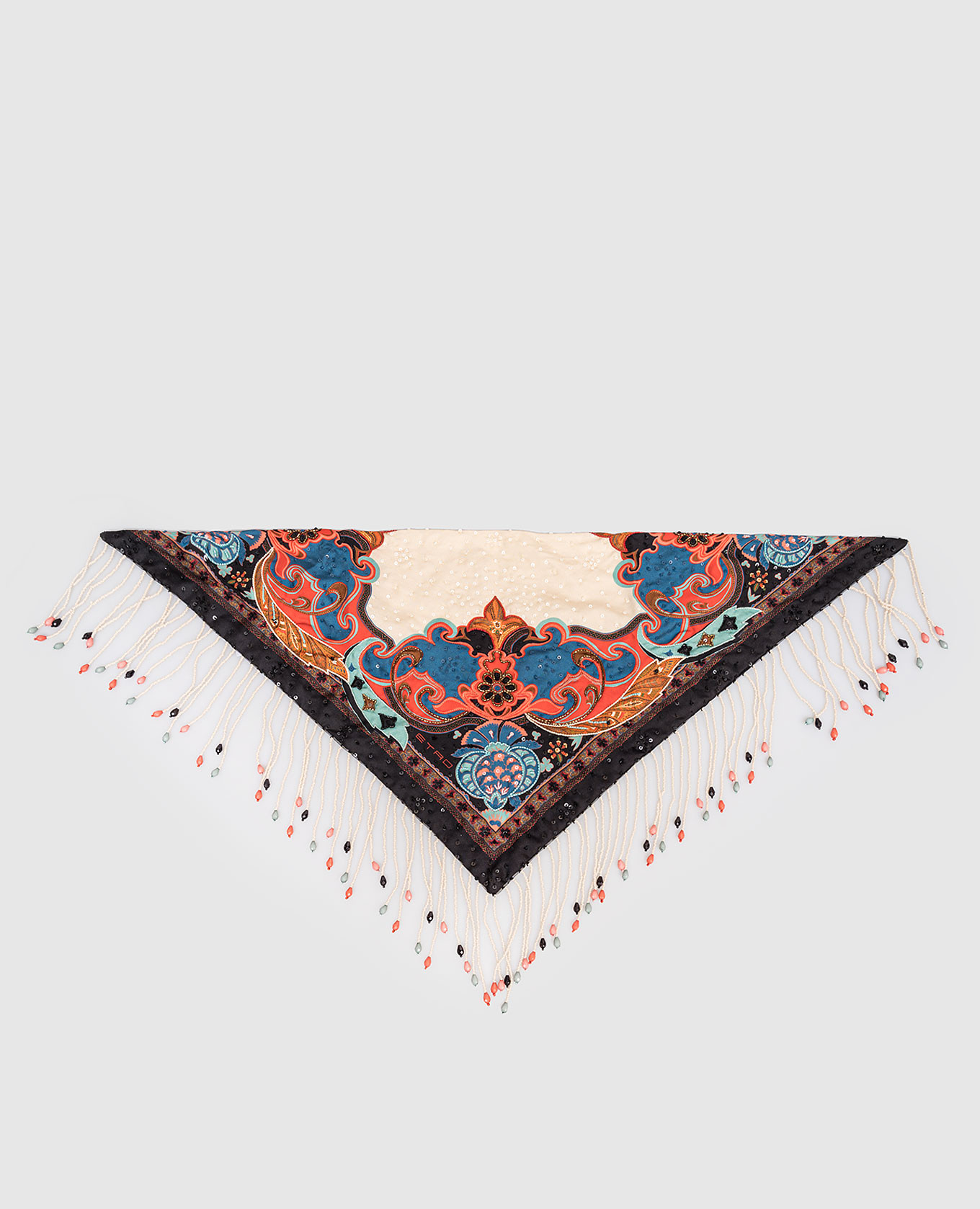 Бежевый платок из шелка в принт с бахромой